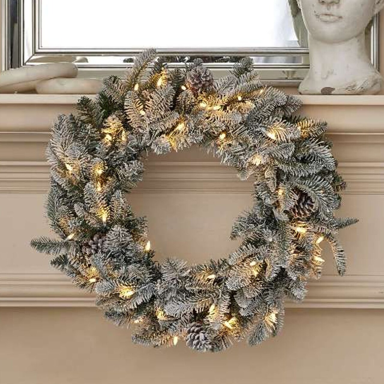 24" Lexington Fir Flocked Plug-In Wreath with Warm White LED Lights Snowy Classic Holiday Décor